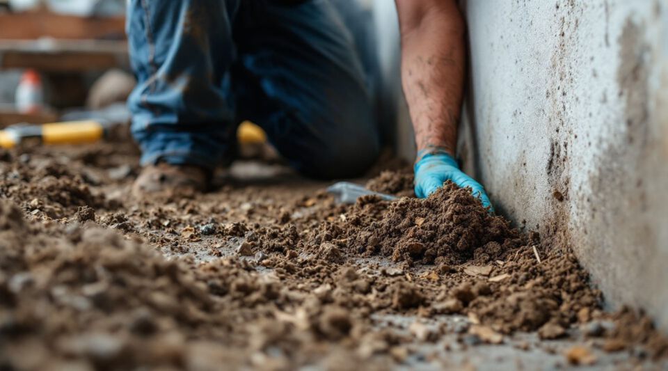 IICRC-certified technician in full PPE inspecting a dark, damp crawl space for mold growth