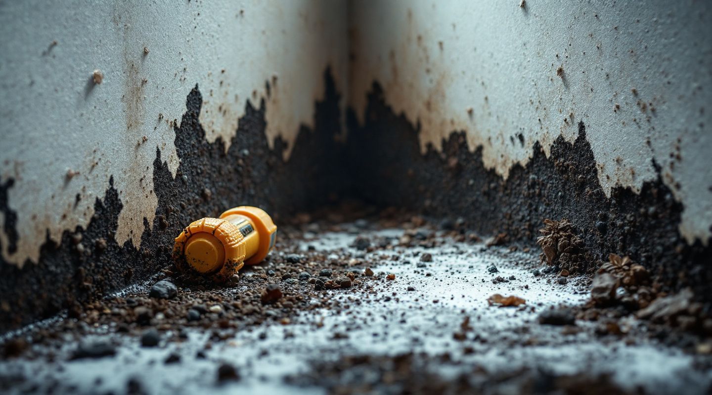 Professional technician in hazmat suit inspecting black mold on a wall with specialized equipment
