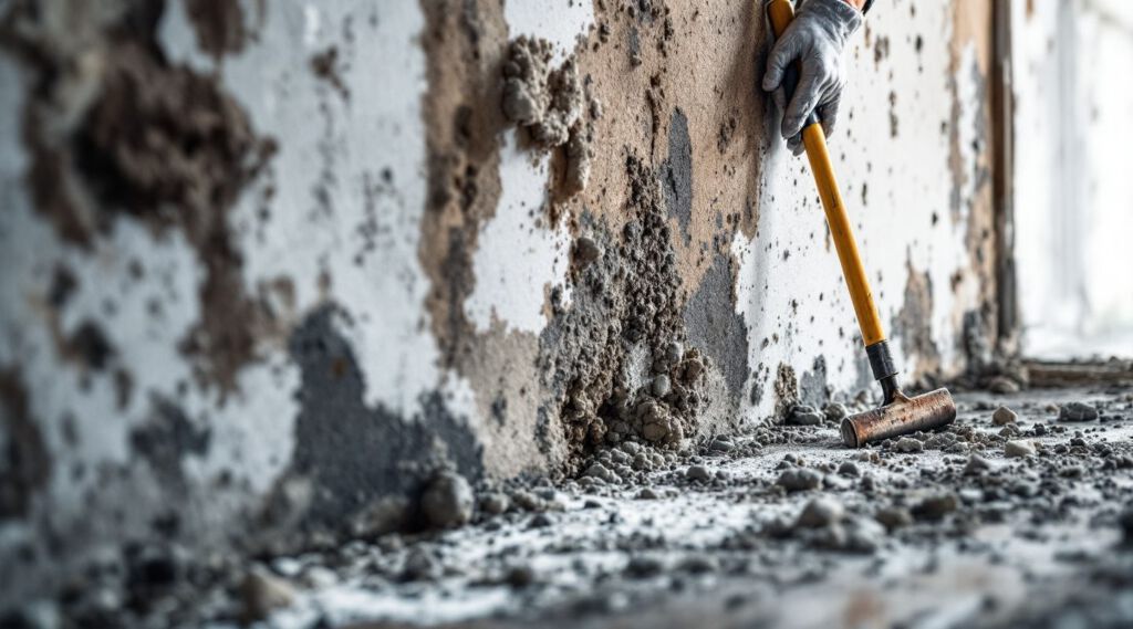 Certified mold remediation technician inspecting a wall with a moisture meter for hidden mold