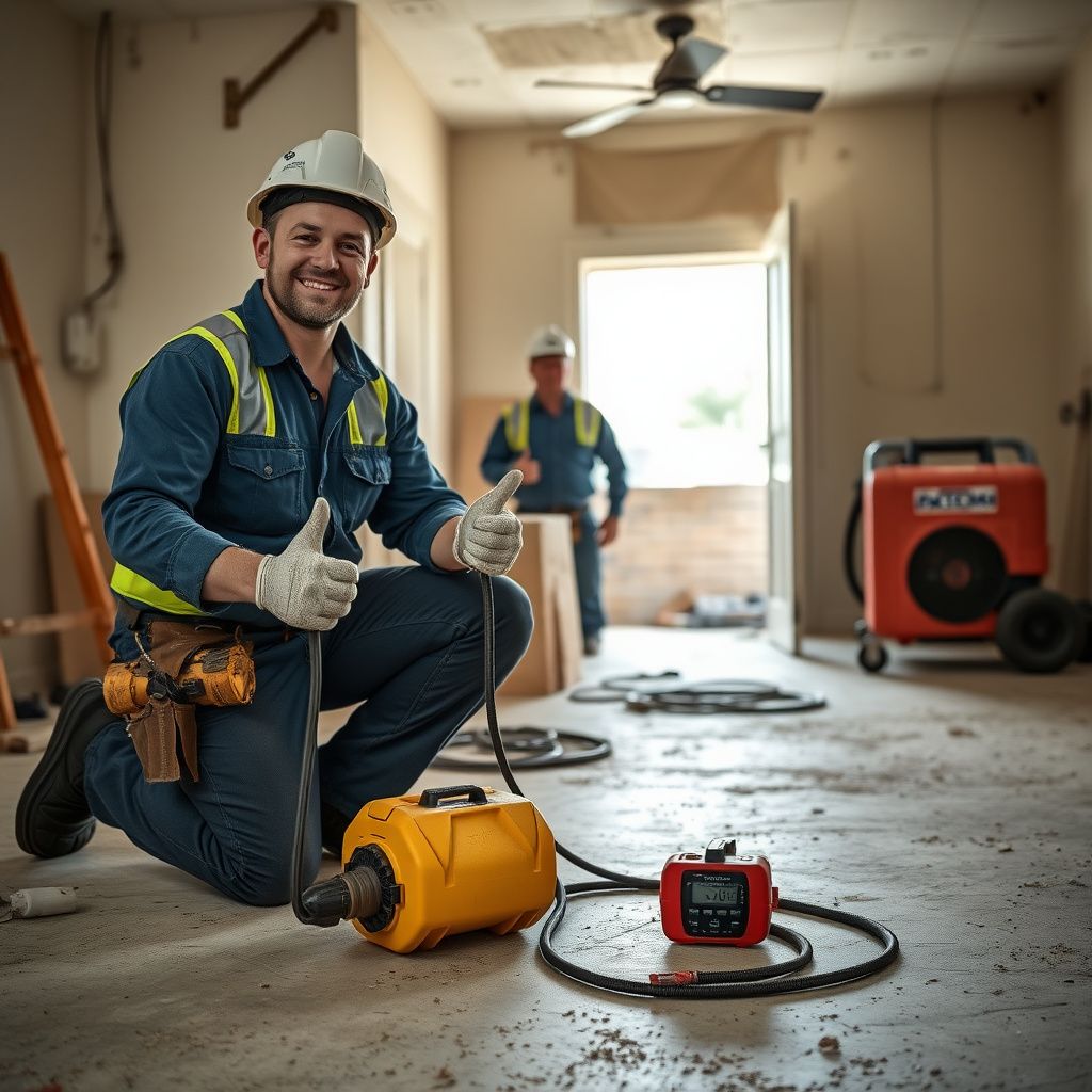A Balcones Heights homeowner speaking with an Elevate Peak Mold Removal technician in a clean, post-remediation living room, discussing moisture control.