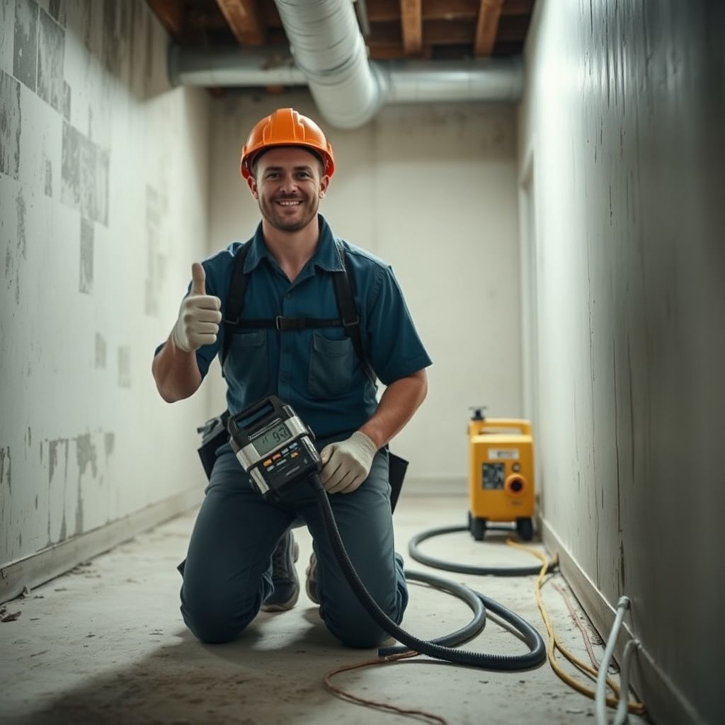 A certified mold remediation technician explaining the process to a homeowner in a clean, restored room in Schertz, Texas.