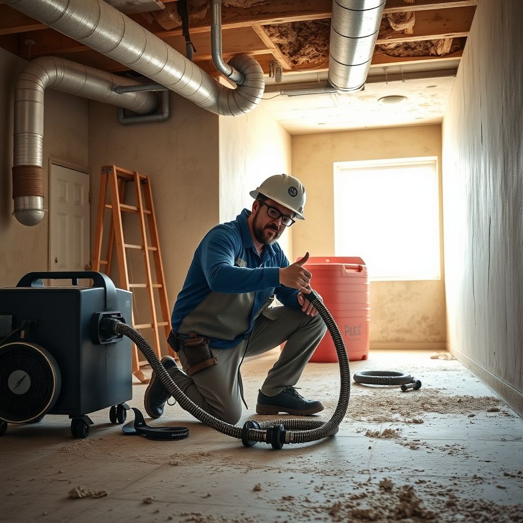A certified mold remediation technician in full protective gear performing an air quality test inside a Leon Valley home, ensuring thoroughness after mold removal.